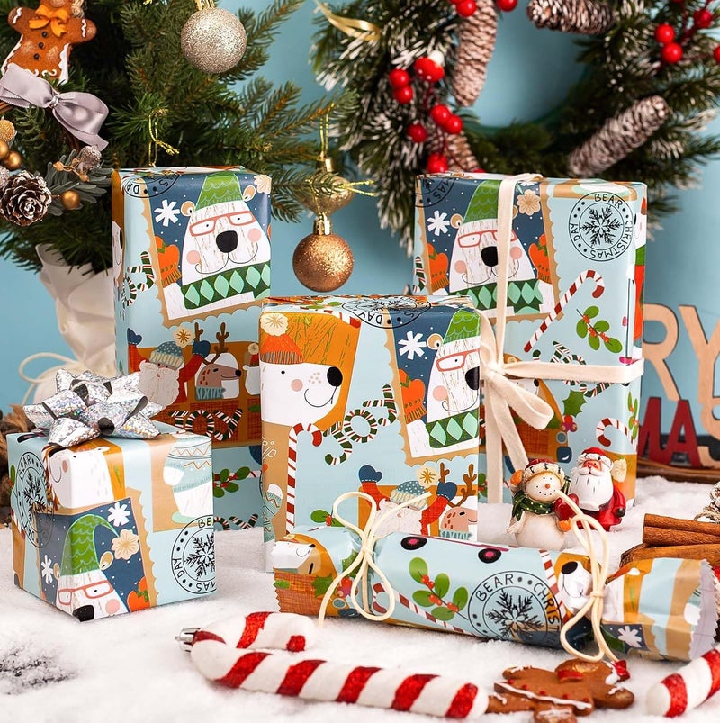 MAYPLUSS Christmas Metallic Foil Shine Gift Wrapping Paper - 17 Inch X 33 Feet - Cute Polar Bear on Scooter, Snowman, Candy Cane and Deer Pattern Gift Wrap Present Paper Roll for Winter, Holiday - Image 4